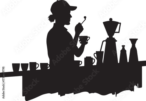 Silhouette of barista preparing coffee with brewing equipment