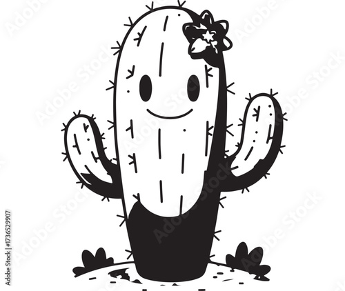 Cute cartoon cactus character with a happy face and a flower on its head, smiling warmly.