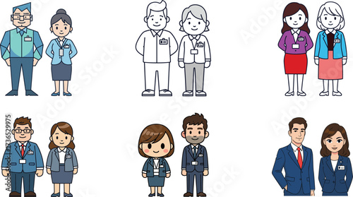 Business character pairs in varied cartoon styles, professional attire, diverse male and female illustrations for office presentation, branding, and design references