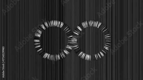 Abstract digital infinity symbol made of glowing lines on a dark striped background. Modern technology concept of endless loop and connection.