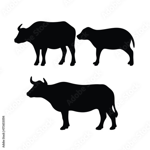 Three black silhouettes of water buffaloes standing against a white background