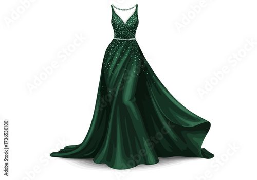 Elegant Emerald Green Evening Gown with Sparkling Details and Flowing Skirt.