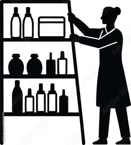 A stylist arranging bottles of shampoo and condition