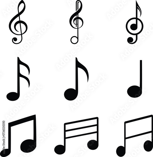Collection of various musical notes and clefs on a white background for artistic design