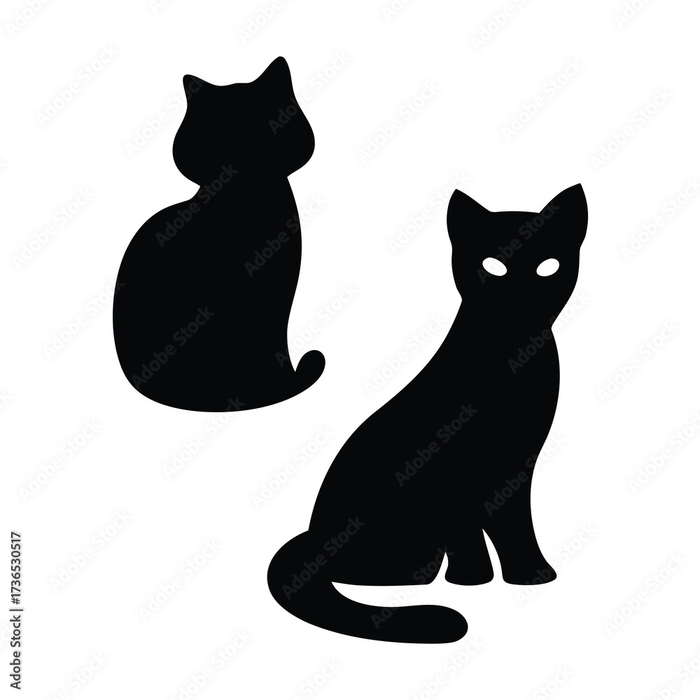 Obraz premium Two silhouetted black cats with glowing eyes sitting against a white background