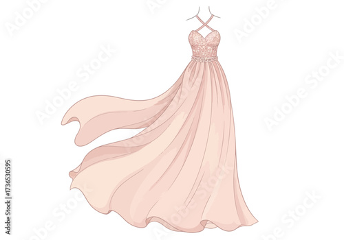 Elegant Pink Gown with Lace Bodice and Flowing Skirt Illustration.