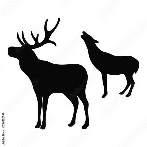 Silhouettes of a majestic stag with antlers and a smaller deer calling out