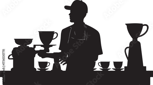 Silhouette of barista preparing coffee with grinders and cups