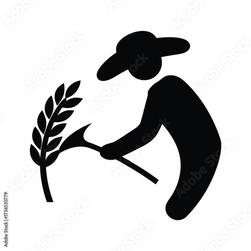 Silhouette of a farmer harvesting wheat with a sickle symbolizing agriculture and rural life