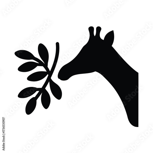 Silhouette of a giraffe s head reaching for a branch with leaves in a simple black and white design