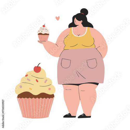 Plus-size woman holding cupcake with cheerful expression and dessert  