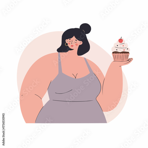 Plus-size woman holding cupcake with sweet expression on face  
