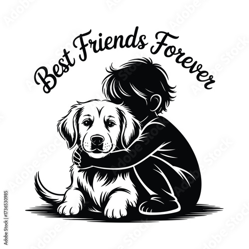 A Heartwarming Bond Best Friends Forever Boy Cuddling Golden Retriever Dog A Timeless Image of Loyalty and Affection