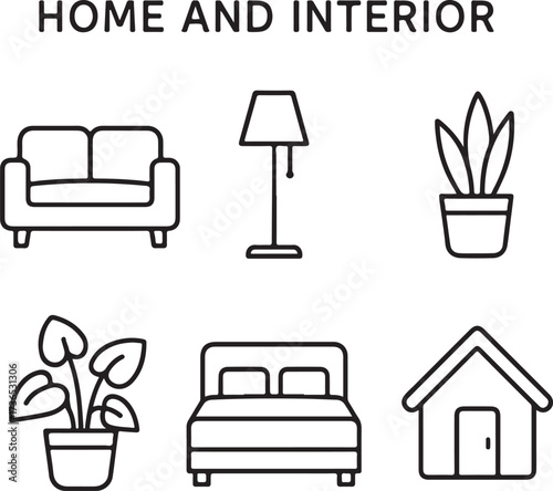 Home and interior linear icon set, furniture, sofa, lamp, bed, houseplants