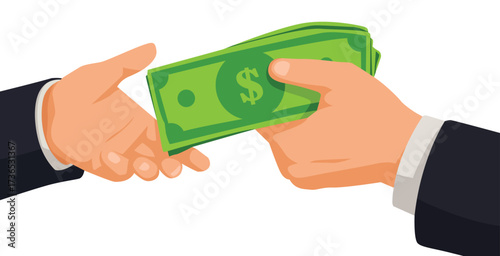 Hand giving cash to another hand, symbolizing financial transactions, isolated on white background