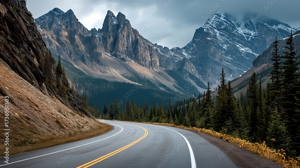 Fototapeta premium Curvy mountain road surrounded by tall peaks dramatic perspective AI-generated