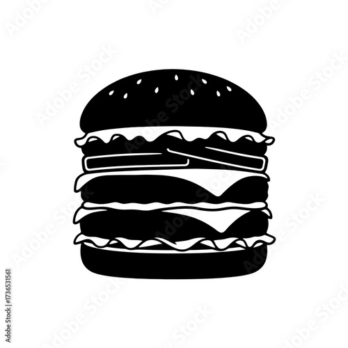 Vector art of black and white illustration of a triple cheeseburger