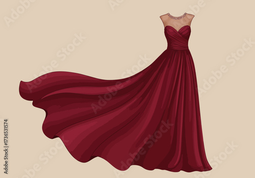 Elegant Maroon Gown with Flowing Skirt and Jewel Embellishments.