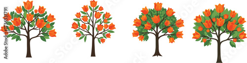 Orange blossom tree illustration set—green foliage, varied canopy styles, brown trunks—vector botanical artwork, seasonal nature design, expressive plant motif