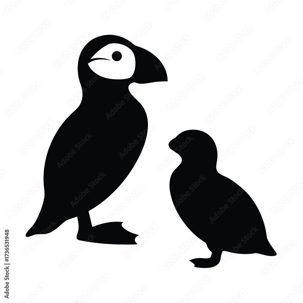 Naklejka premium Two silhouette puffins one large adult and one smaller juvenile bird illustration
