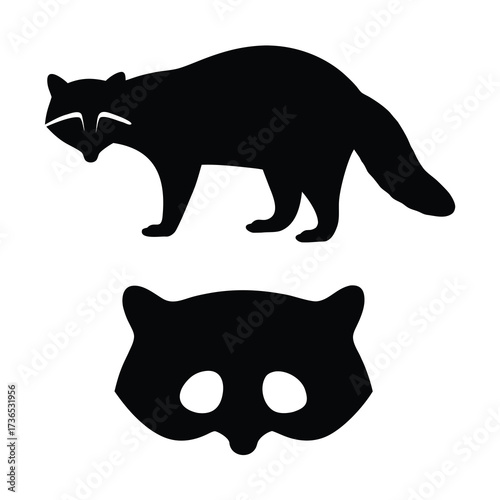Silhouette of a raccoon and a matching mask showing distinctive facial markings