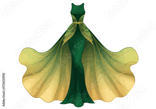 Elegant Emerald Green Gown with Flowing Golden Accents and Train.