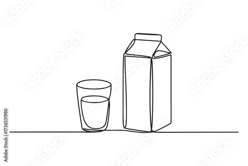 Continuous one line glass of milk and milk package. Single line milk and carton box, organic food concept. one line Icon drawing with white background