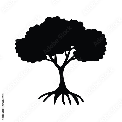 Silhouette of a mature tree with visible roots and a full textured canopy against a white background