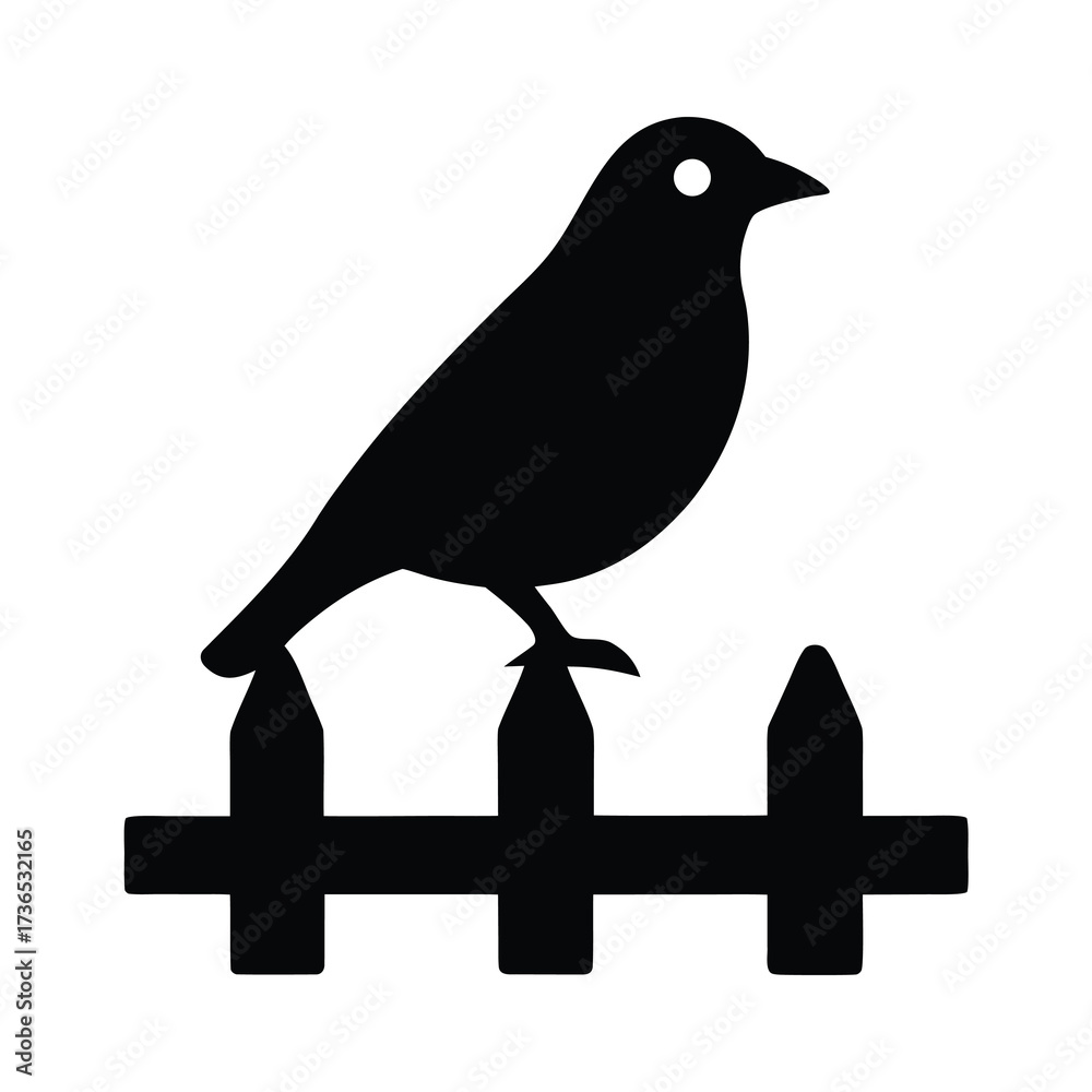 Obraz premium Silhouette of a small bird perched on a black picket fence against a white background