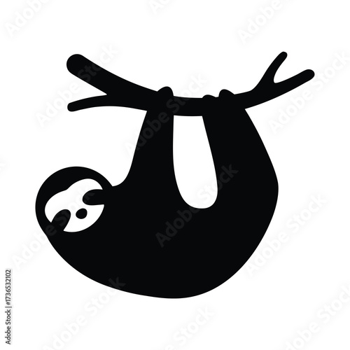 Simple black silhouette of a cute sloth hanging upside down from a tree branch