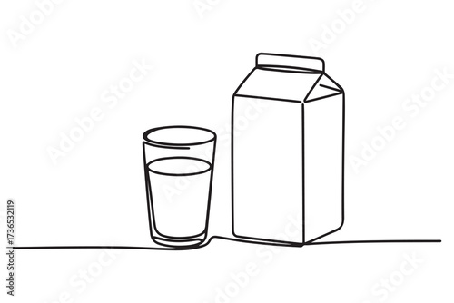 Continuous one line glass of milk and milk package. Single line milk and carton box, organic food concept. one line Icon drawing with white background