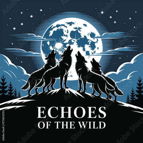 Dramatic Silhouette of Wolves Howling at the Moon a Wild Symphony Under a Starry Night Sky
