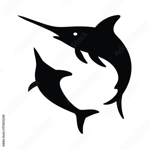Silhouette of a swordfish and dolphin swimming in a circular motion against a white background