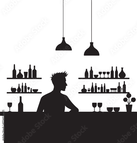 Silhouette of bartender at bar with bottles and glasses