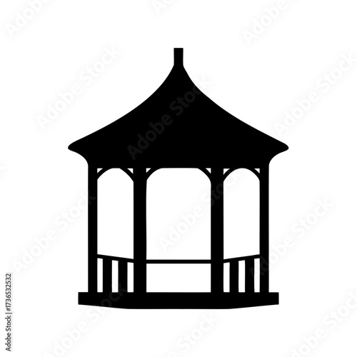 Silhouette of a gazebo structure with a unique roof design and detailing