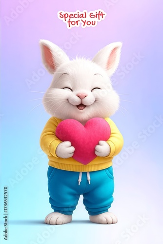 A gleeful, fluffy white bunny stands upright, eyes closed in happiness, holding a bright pink heart with both paws. The bunny is wearing a cozy yellow sweater and bright blue sweatpants.