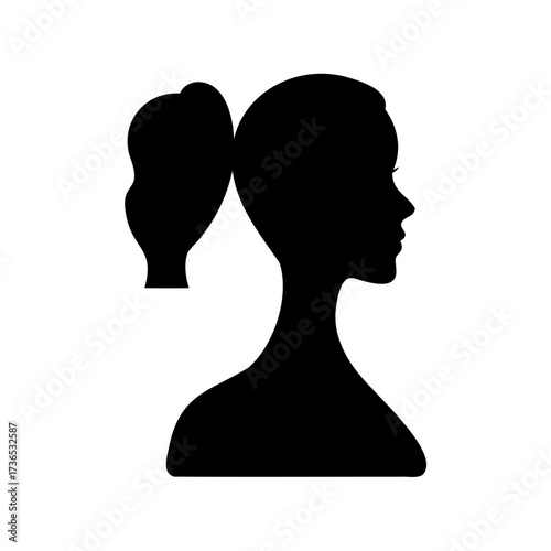 Silhouette of a woman with a ponytail, minimalist black and white portrait