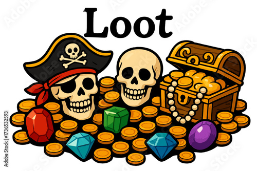 Pirate Treasure Haul. Creative pirate loot with jewels, coins, and smiling skulls, center word “Loot” in black and white isolated