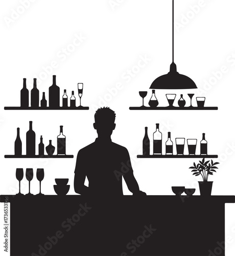 Silhouette of bartender behind bar with bottles and glasses