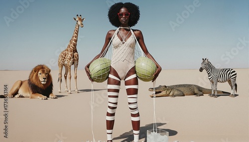 A black woman stands in the desert with watermelons