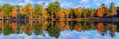 Autumn Tree Reflections At Williams Lake Panorama with calm water and a blue sky