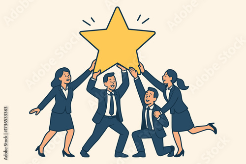 Diverse business team celebrating success holding a large golden star together