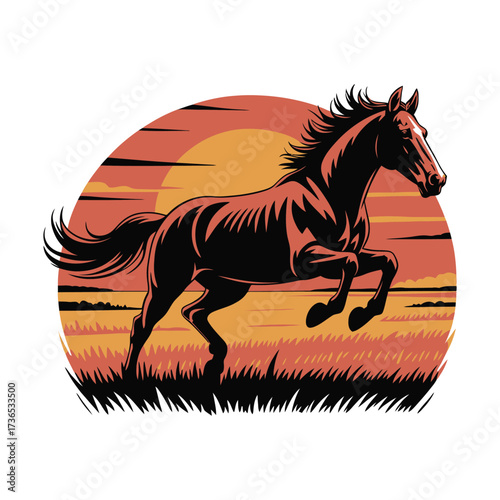 Dramatic Horse Silhouette Galloping at Sunset Vector Illustration Graphic Design