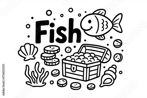 Fish Treasure Doodle. Doodle fish treasure with smiling fish, shells, and gold, center word “Fish” in black and white isolated