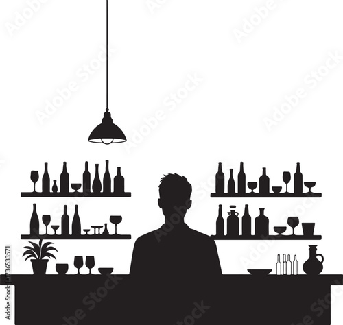 Silhouette of bartender behind bar with bottles and glasses