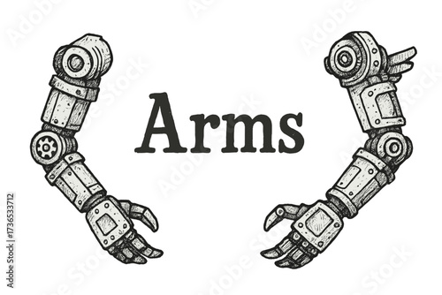 Mechanical Arms Design. Hand-drawn mechanical arms with cogs, bolts, and panels, center word “Arms” in black and white isolated