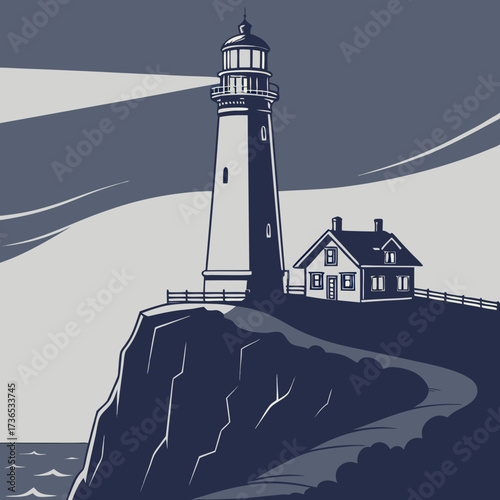 A lighthouse stands tall on a cliff with a house next to it