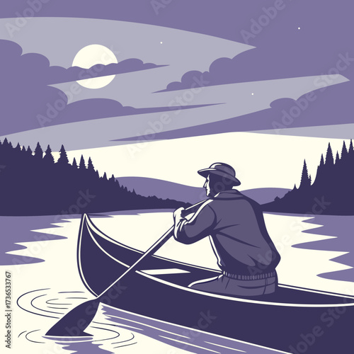 A man paddles a canoe on a lake under the moonlight