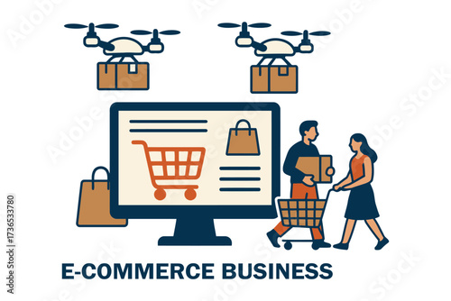 E commerce business concept with drones delivering packages to customers