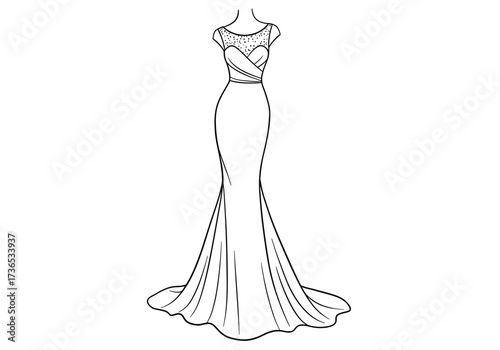 Elegant Evening Gown Illustration with Embellished Sheer Neckline and Mermaid Silhouette.